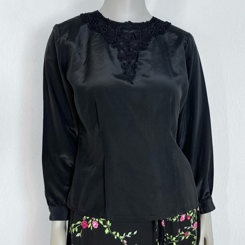 Vintage 80s Gothic Goth Satin Blouse Top Lace Modest  Victorian Witchy Office